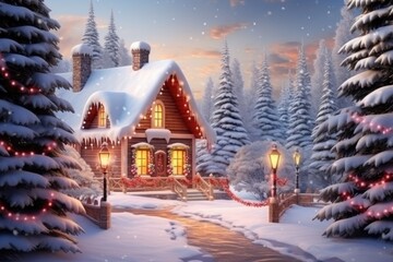 Surrounded by snow-covered Christmas trees, house with burning lights. New Year's theme dot Christmas theme.