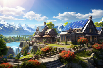 Ideal town of future, village. Small houses near river, on roofs of which there are solar panels;. Bright sunny day. Rural landscape. - obrazy, fototapety, plakaty