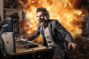Burnout at work concept. Male Manager Workers Firm Near Computer Monitor on Fire. Man with tantrum, nervous breakdown;. - obrazy, fototapety, plakaty