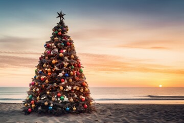 Christmas tree is decorated with colorful decorations on ocean shore. New Year's Eve on beach. Christmas mood.