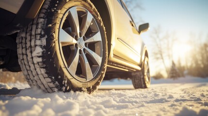 Photo of a winter tire on a vehicle in snowy conditions - obrazy, fototapety, plakaty
