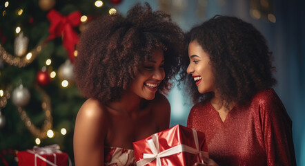 Obraz na płótnie Canvas Happy couple of young lesbians, LGBT, mulatsky appearance, give each other gifts for New Year, New Year's background, Christmas mood.
