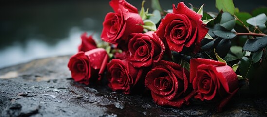 Outdoor funeral ceremony with space for text on black granite tombstone and red roses