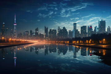A city skyline illuminated by energy-efficient LED streetlights powered by renewable sources. Generative Ai.