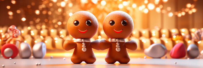 Festive banner with Hilarious Gingerbread Men. Couple of Gingerbread People. Header for website, blog, advertising, event. Christmas Party Ideas and Themes