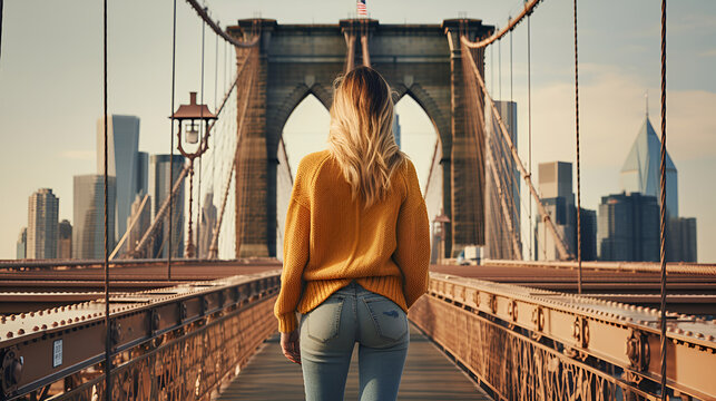 Fototapeta  Высокая  привлекательная девушка в красивых модных джинсах, идет  днем по Бруклинскому мосту, в счастливом настроении и с красивой фигурой. Вид с зади.