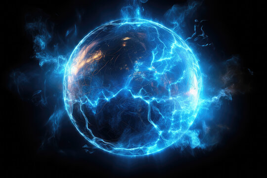 A sphere with blue lightning and smoke, science fiction background material