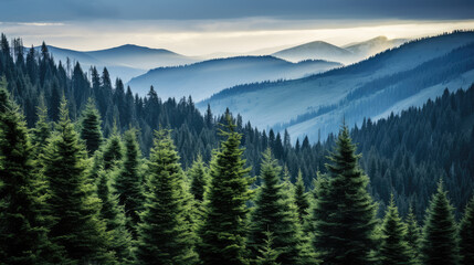 Pine needle trees on a high mountain in front of a high mountain in the distance - obrazy, fototapety, plakaty
