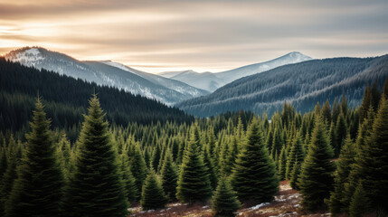 Pine needle trees on a high mountain in front of a high mountain in the distance