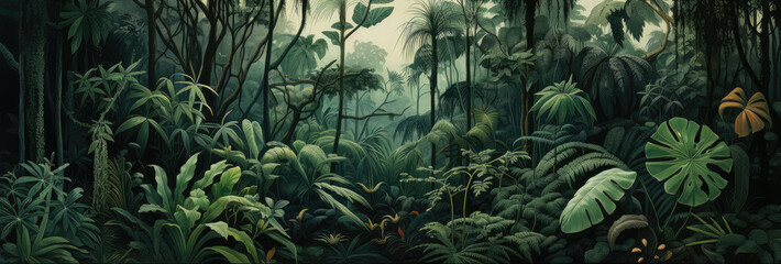 Illustration of dense woods with many green plant leaves