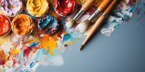 Colored paint brushes in front of white background