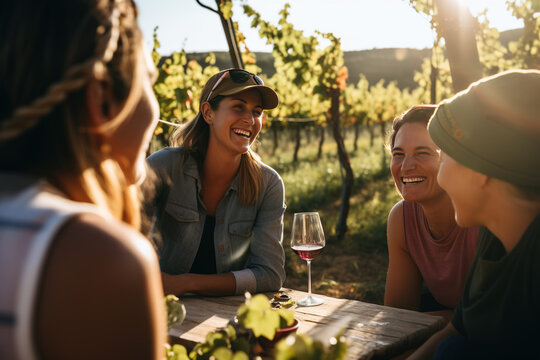 Wine tasting in the vineyard among friends, good vibes, cheerfulness, warm Italian weather