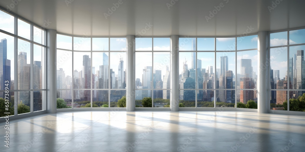Poster empty interior view of modern metropolis through the window