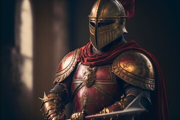 Knight in Red and Gold Armour holding Holy Spear high quality ultra realistic 25mm Cine Lens f14 Film grain Shutter speed 150 7000 Kelvin intricate details Soft light source Movie composition  - obrazy, fototapety, plakaty
