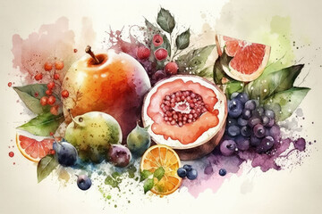 AI generated composition of fresh fruit painted in watercolor - obrazy, fototapety, plakaty