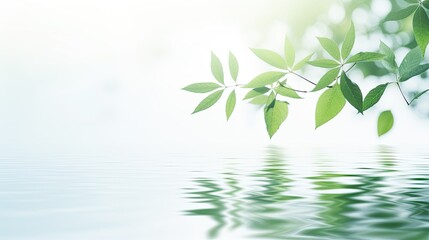 Fototapeta na wymiar isolated leaves reflections on calm water with white background and copy space