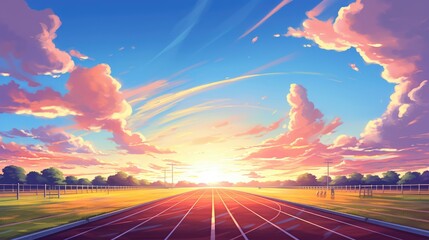 Anime style illustration of a high school running track at golden hour
