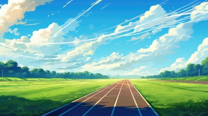 Anime style illustration of a high school running track on a sunny day - obrazy, fototapety, plakaty