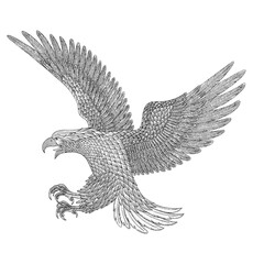 Angry bald eagle flying attacking, Vintage engraving drawing style vector illustration