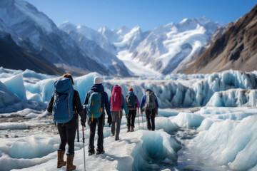 Fototapeta na wymiar A glacier guide showing tourists the impacts of climate change on retreating glaciers. Generative Ai.
