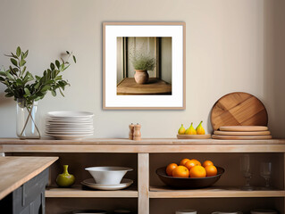 Fototapeta na wymiar Cooks pantry in home lower solid wood cabinetry with dishes, fruits, cutting boards mock up art. 