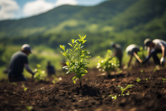A reforestation project, with volunteers planting trees to combat deforestation and absorb CO2. Generative Ai.