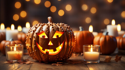 Festive background with smiley beautiful carved Jack-O-lantern pumpkin with burning candle on wooden