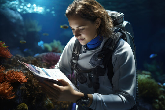 A female marine biologist studying coral reefs, advocating for marine conservation. Generative Ai.
