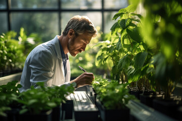 A scientist examining plant samples in a greenhouse, contributing to agricultural advancements. Generative Ai.
