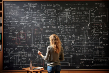 A female mathematician explaining complex equations on a chalkboard, unraveling mathematical mysteries. Generative Ai.