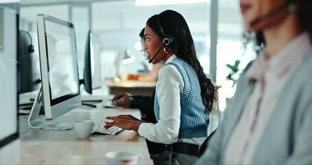 Business people, call center office and computer communication, customer service and website support. Team of women or consultant agency speaking, helping on desktop and e commerce software solution