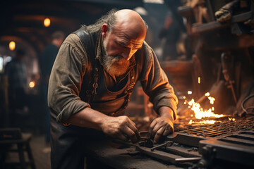 A blacksmith recreating historical weaponry in a living history museum. Generative Ai.
