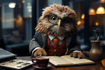 An owl in glasses and reading a financial report, portraying animals as intelligent and capable decision-makers. Generative Ai.