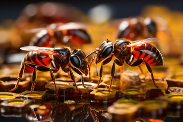 A group of ants working together in an office setting, demonstrating teamwork and organization in...