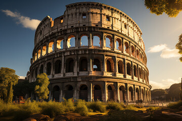 Fototapeta premium A majestic Roman colosseum bathed in the warm glow of the setting sun, a testament to the grandeur of ancient architecture. Generative Ai.