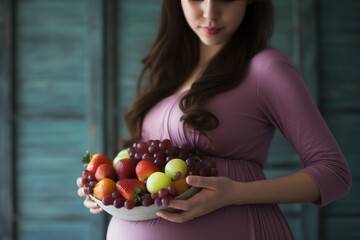 Close-up of a pregnant belly with fresh fruit. Healthy pregnancy, diet and vitamins