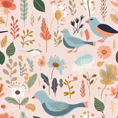 Fototapeta premium Nature Serenade A calming and soothing pattern with elements like birds, leaves, and soft colors vector art AI Generated