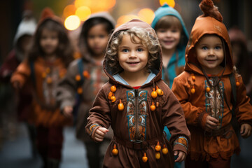 A group of children in colorful costumes, eagerly trick-or-treating in their neighborhood. Generative Ai.