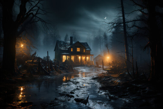 A haunted house with boarded-up windows and creaking doors, beckoning brave souls inside. Generative Ai.