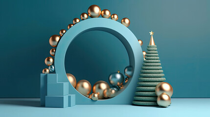 Luxurious 3D Blue Podium Showcasing Magnificent Gold Arch Christmas Tree, AI Generated