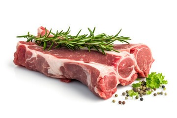 Fototapeta premium Lamb Ribs meat and herbs isolated on white, Generative AI