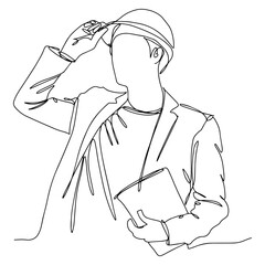 Single line illustration of a male architect, engineer or contractor. Illustration with black line on isolated white background.