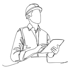 Single line illustration of a male architect, engineer or contractor. Illustration with black line on isolated white background.