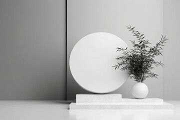 Fototapeta premium white round podium with a plant in it and a white vase with a green plant