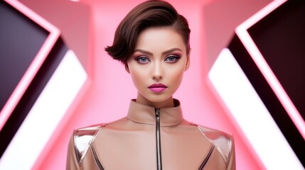 Young woman looking at the camera in the pink neon light background. Portrait of a beautiful futuristic girl close-up.