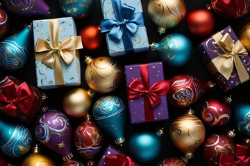 Top view of colorful collection of Christmas gift boxes. Happy New Year background concept