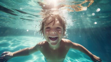 Obraz na płótnie Canvas Cute smiling boy having fun swimming and diving in the pool at the resort on summer vacation. Sun shines under water and sparkling water reflection. Activities and sports to happy kid..