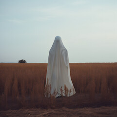 Halloween ghost standing in empty field
