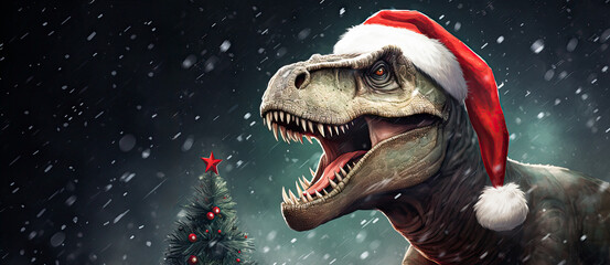 Rumble in the Jolly Jungle: T-Rex Dinosaur Gets Festive in a Red Santa Hat. - obrazy, fototapety, plakaty