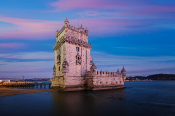 Belem Tower or Tower of St Vincent - famous tourist landmark of Lisboa and tourism attraction - on...